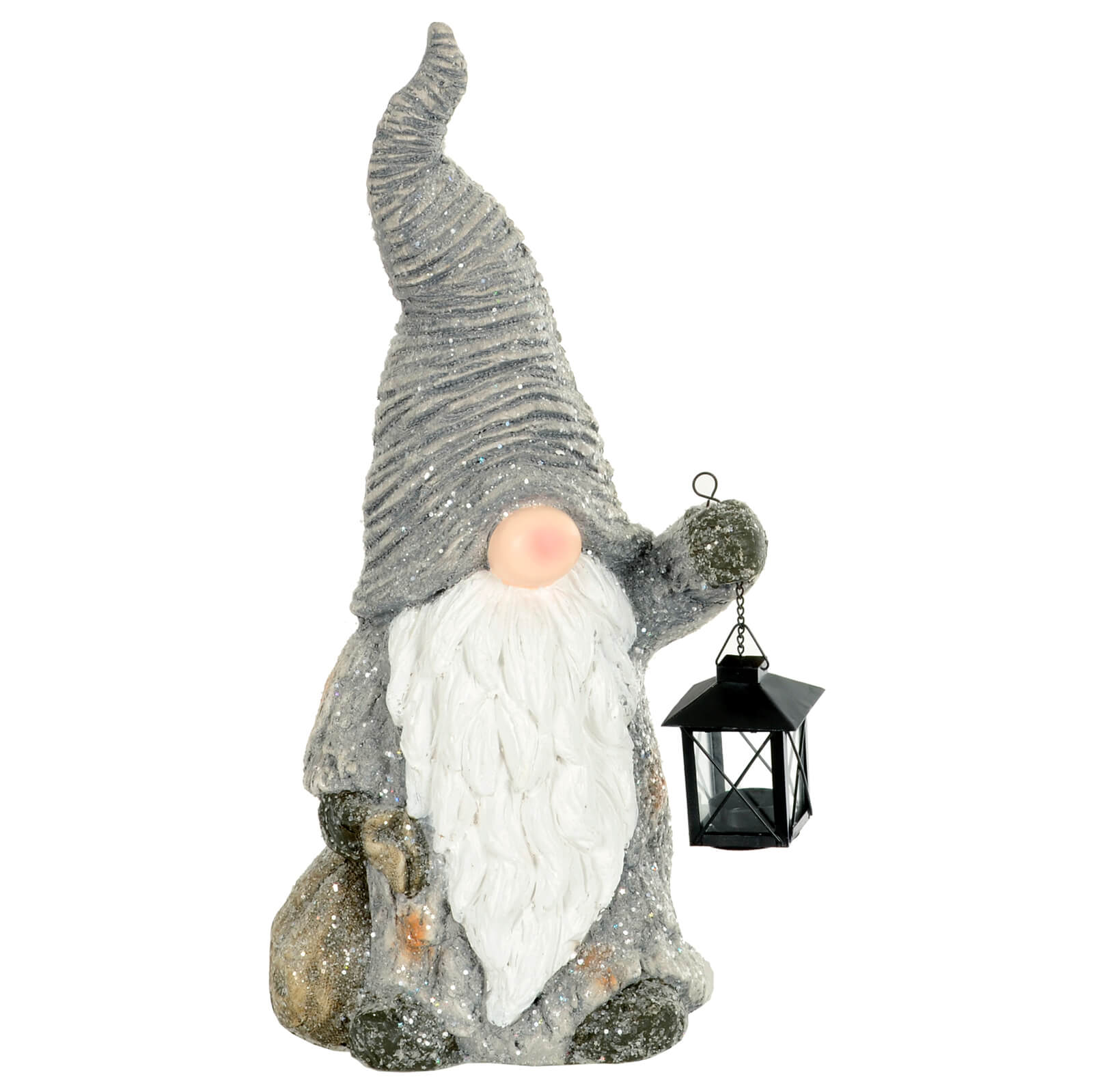 Gonk Christmas ceramic decoration ornaent with a black tealight lantern and sack, in grey and white